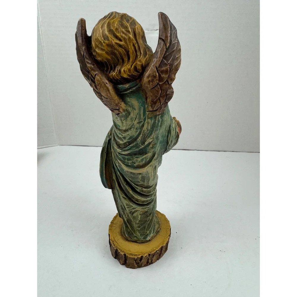 Vintage Hand Painted Angel Figurine Taper Candle Holder Rustic Wood Look Cherub
